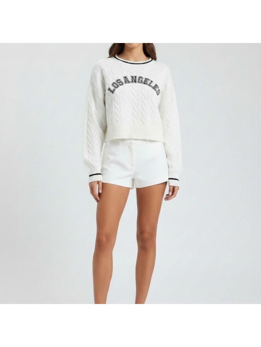 Wild Fable Women's White Cable Knit Sweater with Los Angeles Print, New Without